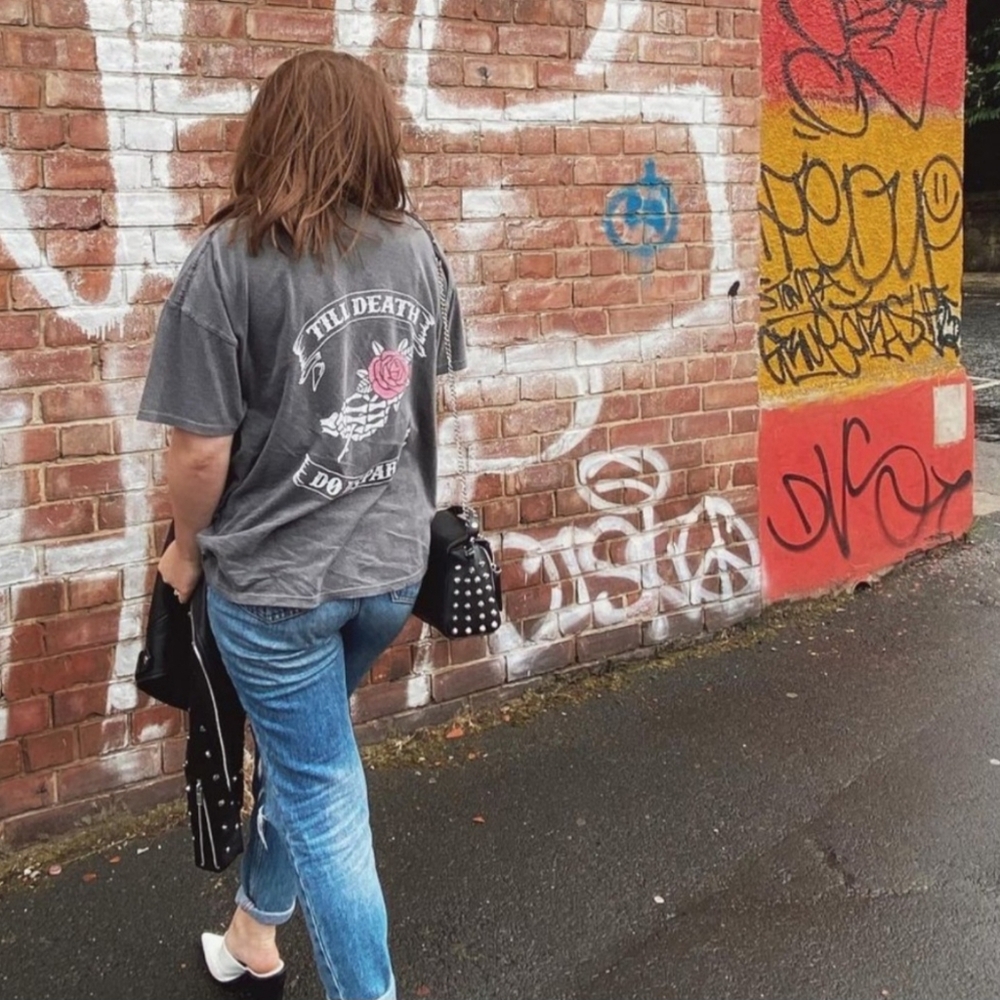 Gray Graphic Tee with Pink Rose Back Print - Women